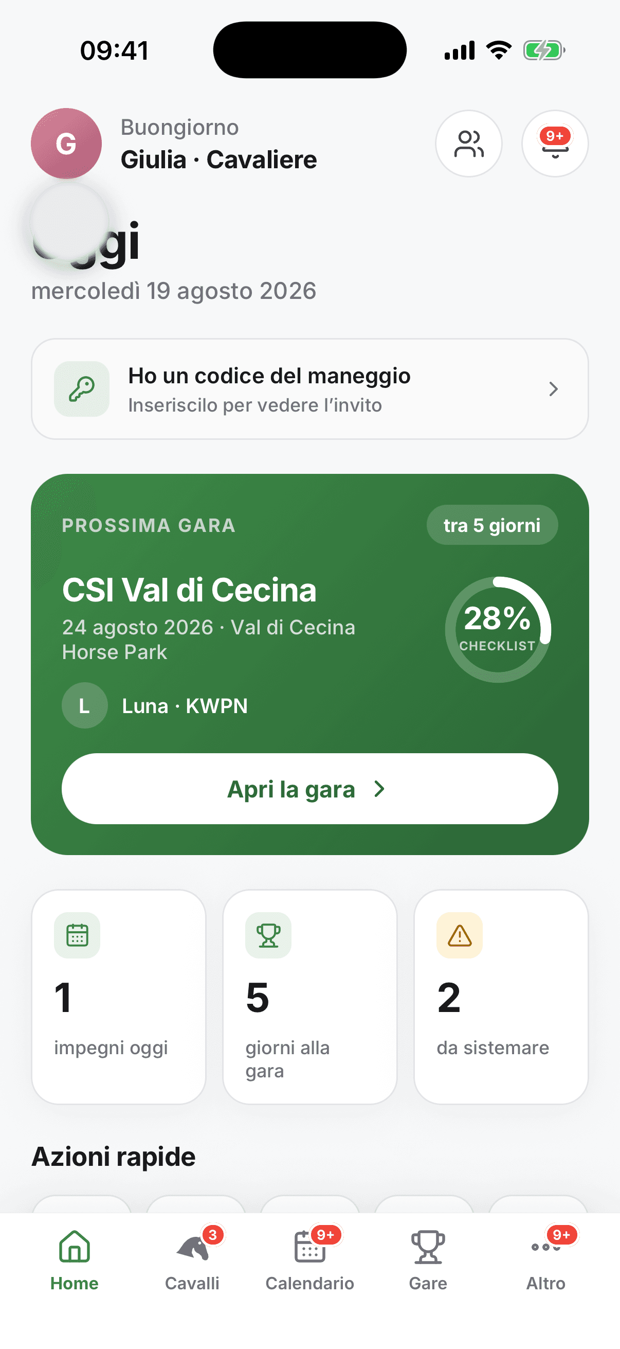 Home EquiPlan: i tuoi cavalli e gli impegni di oggi
