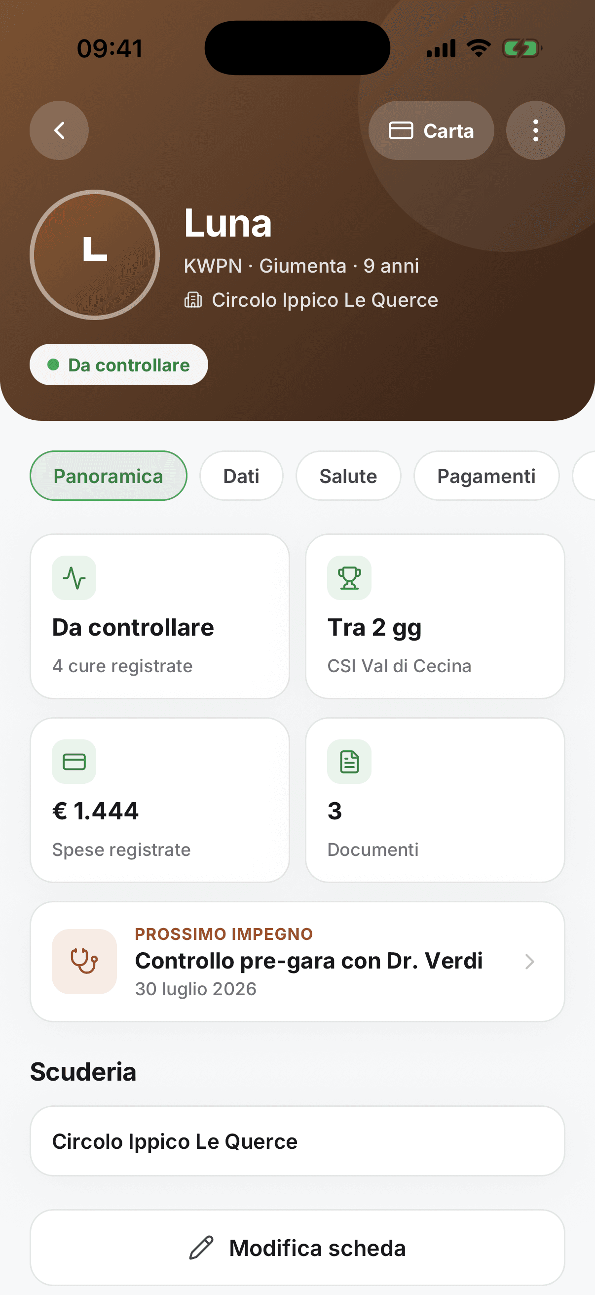 Scheda cavallo nell’app EquiPlan