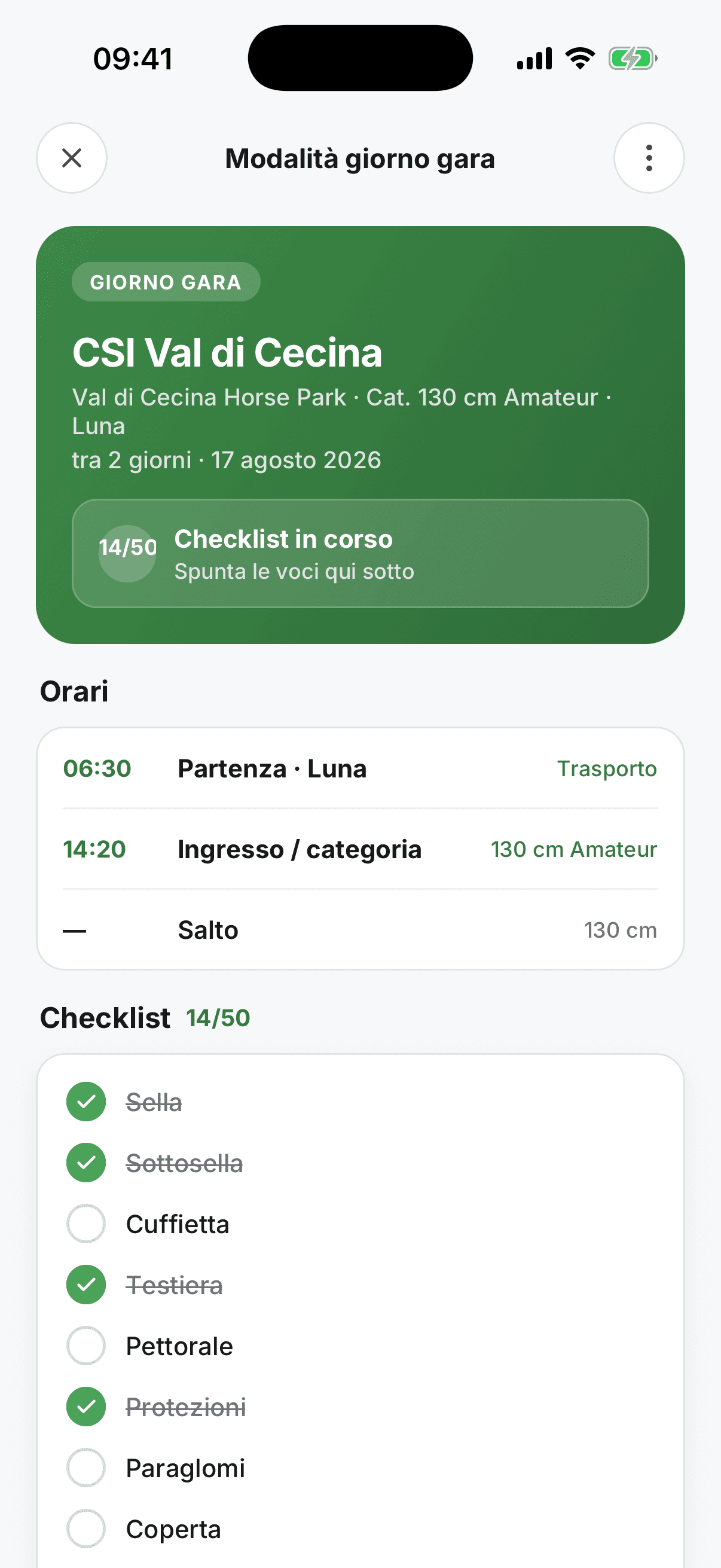 Dettaglio gara e checklist nell’app EquiPlan