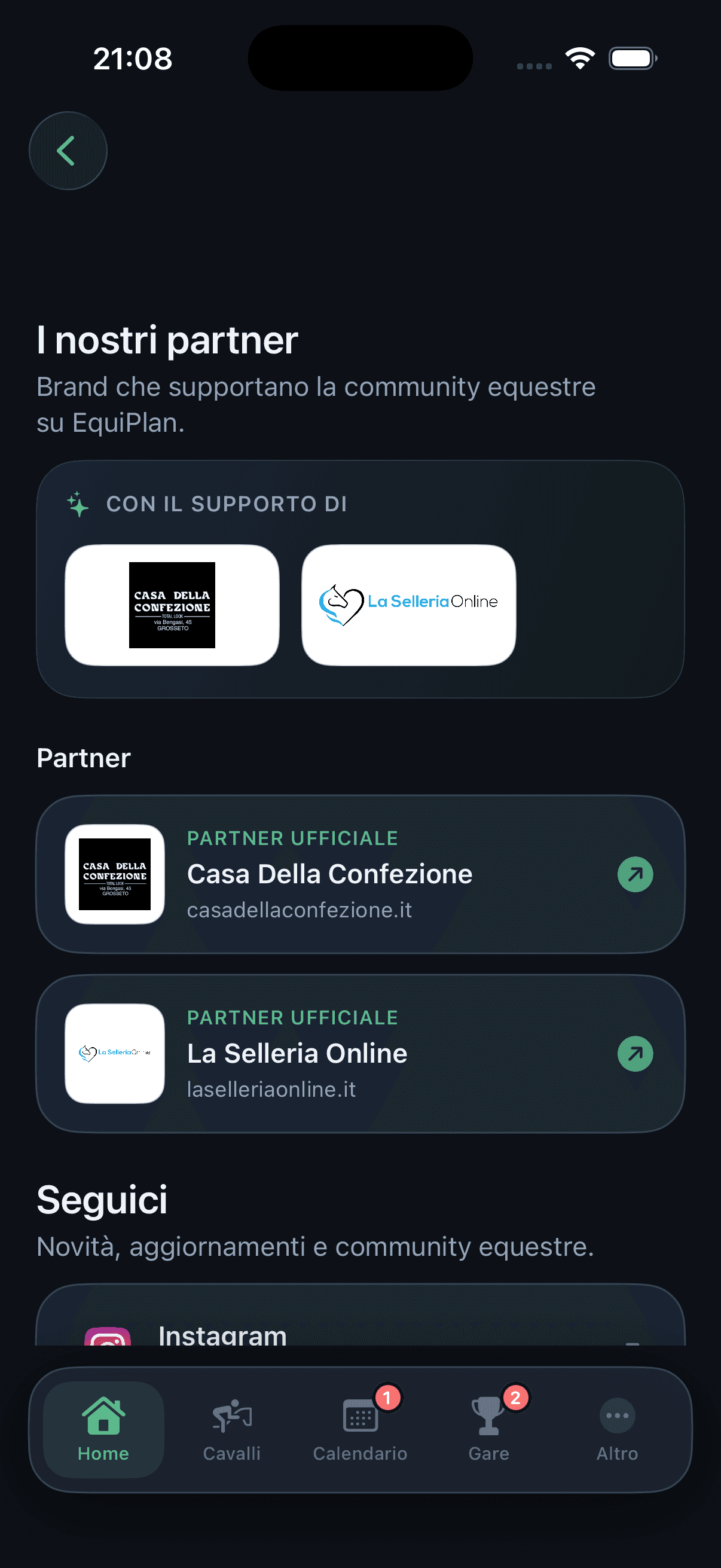 Schermata Social e Sponsor dell'app EquiPlan con i partner ufficiali