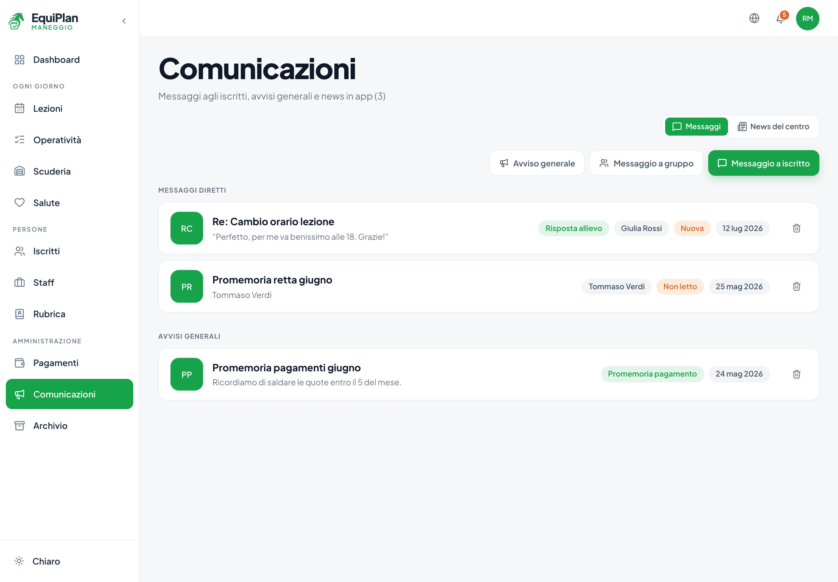 La pagina Comunicazioni nel CRM maneggio EquiPlan