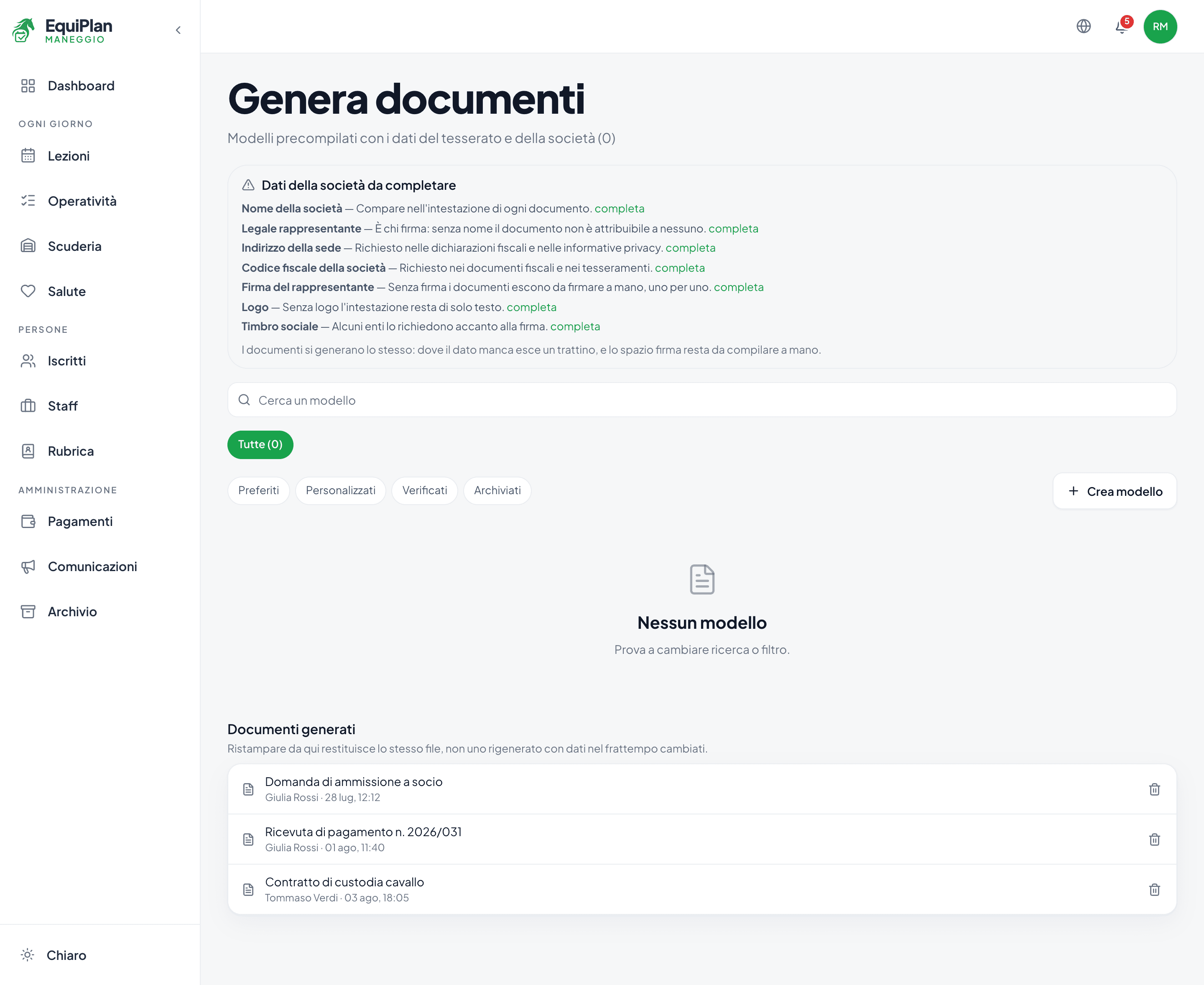 La pagina Documenti nel CRM maneggio EquiPlan