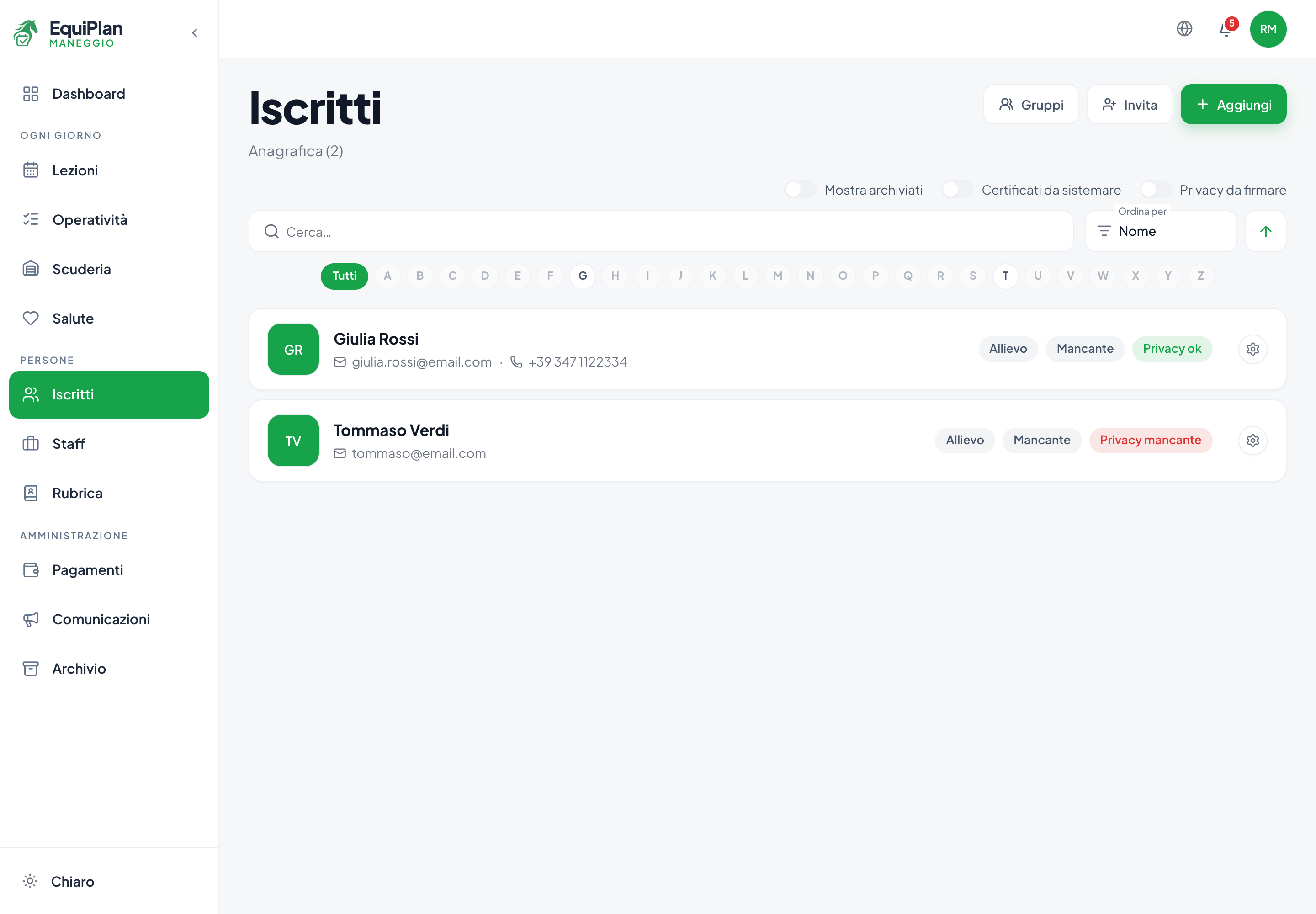 La pagina Iscritti nel CRM maneggio EquiPlan