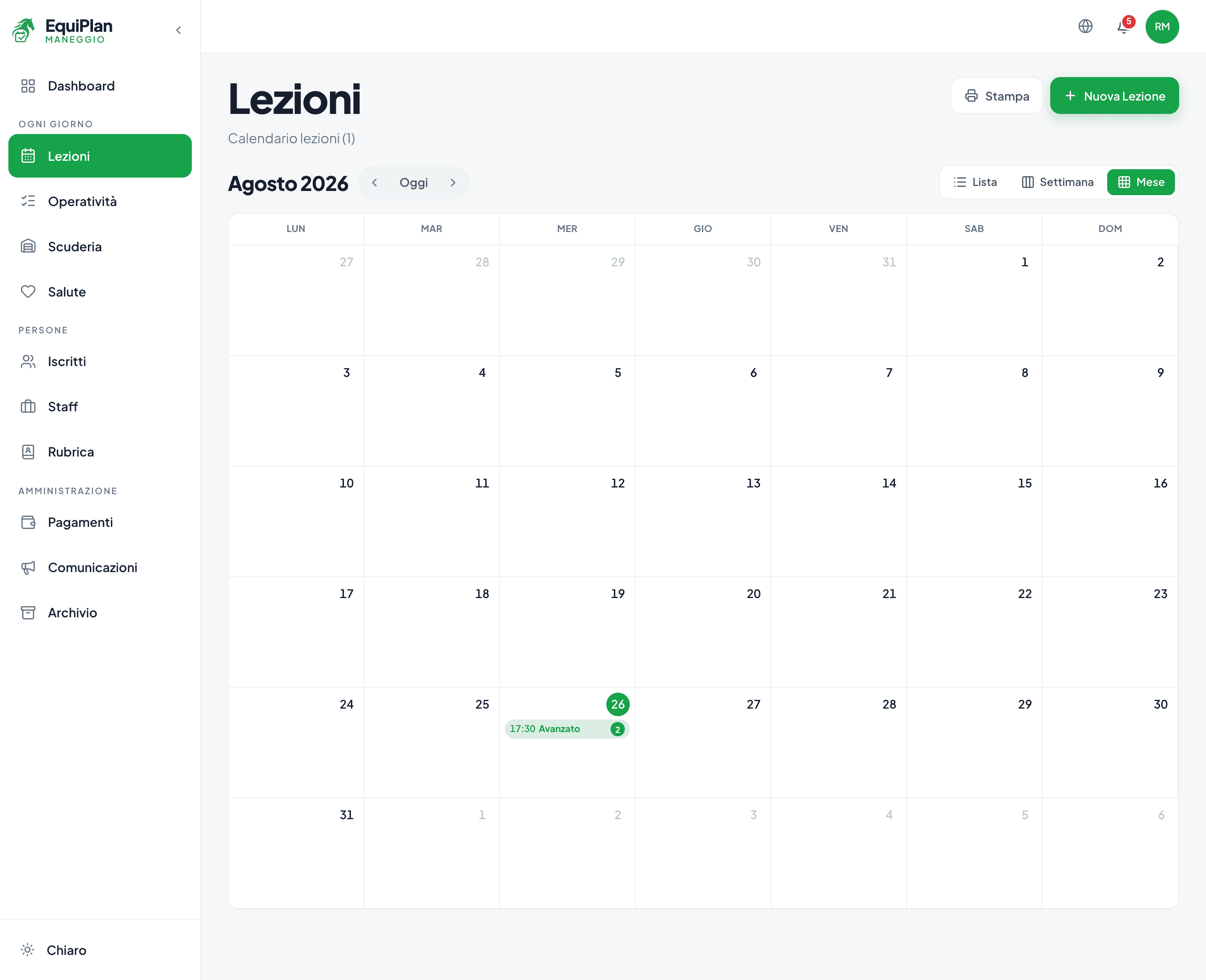 La pagina Lezioni nel CRM maneggio EquiPlan