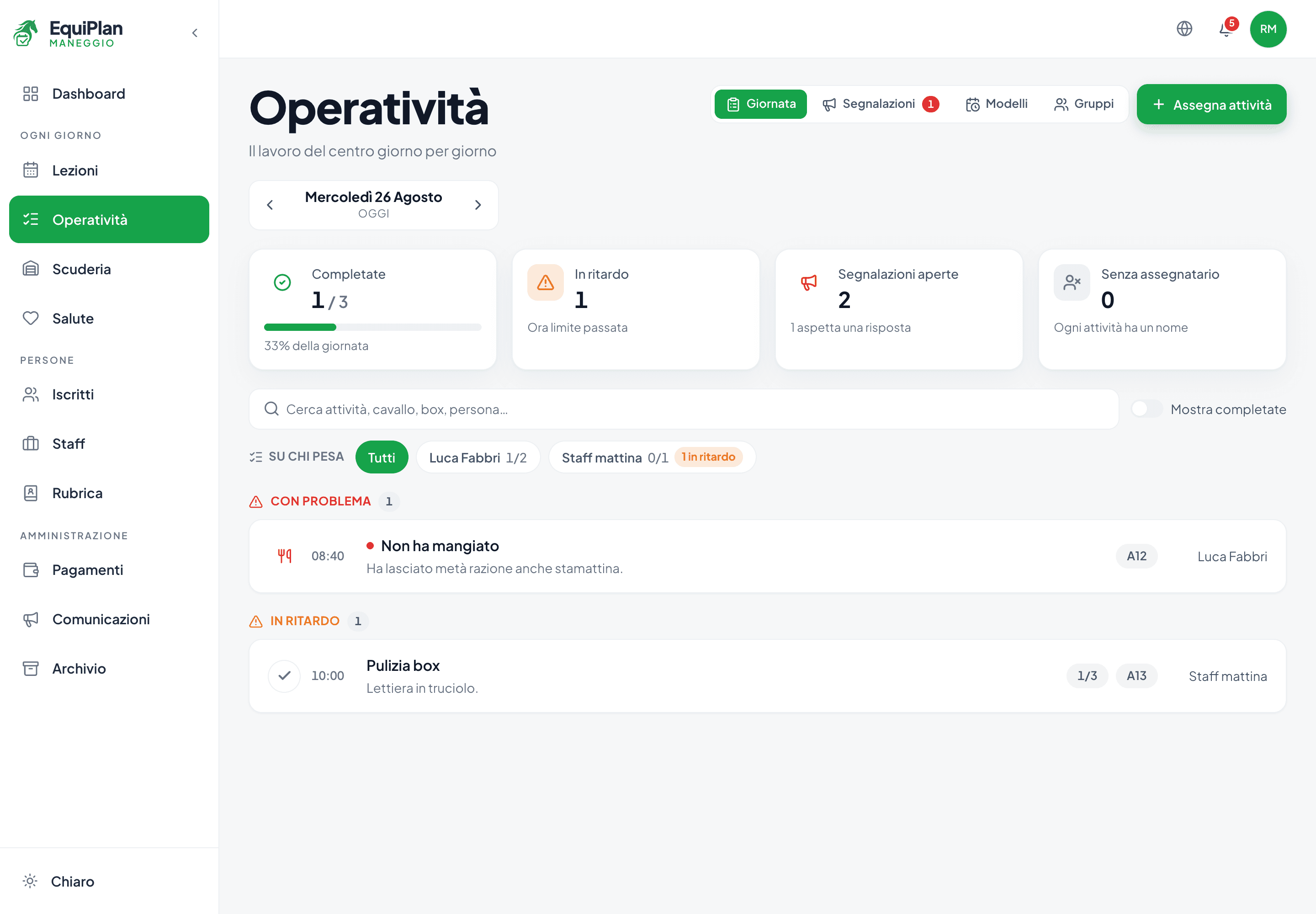 La pagina Operatività nel CRM maneggio EquiPlan