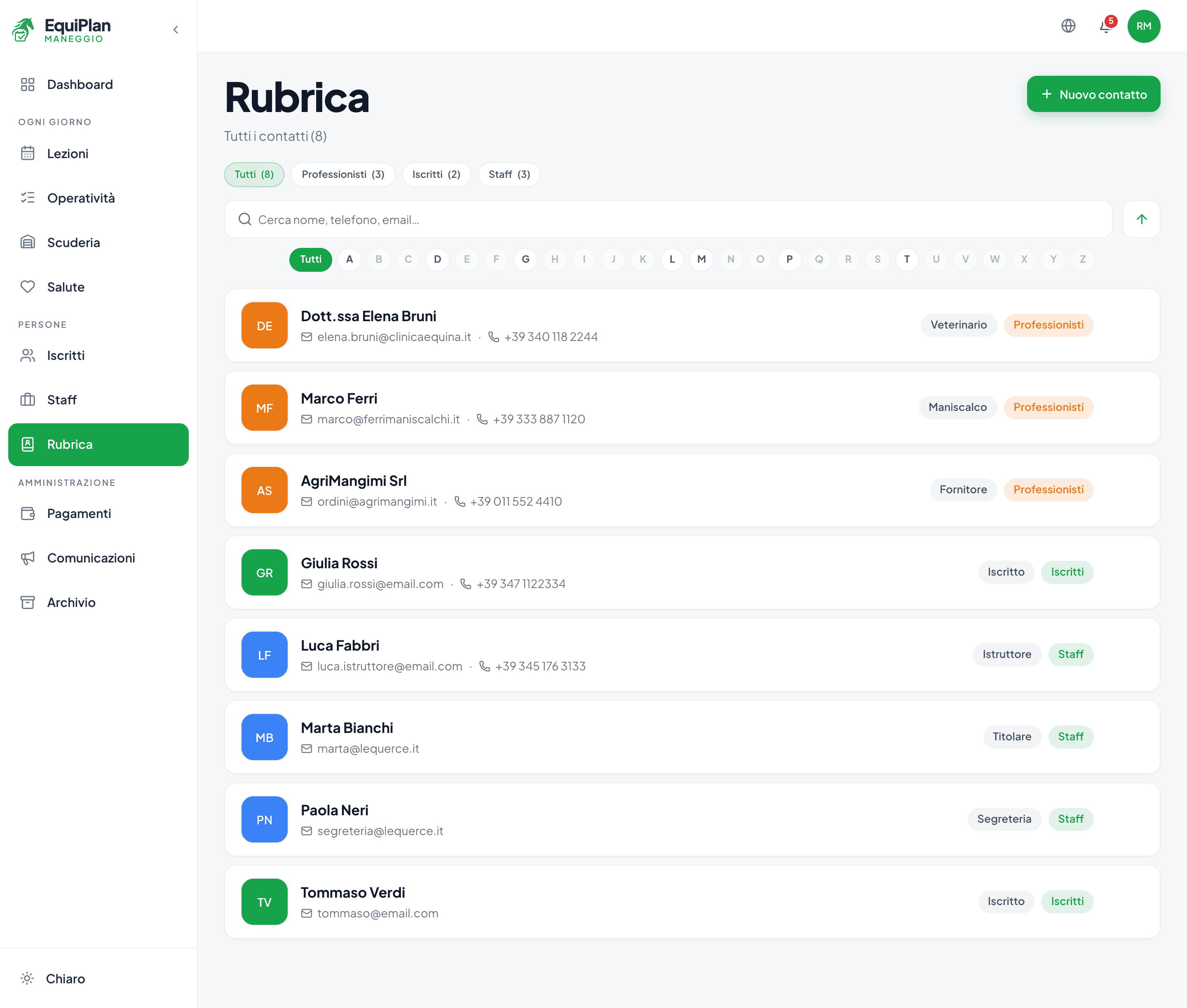 La pagina Rubrica nel CRM maneggio EquiPlan