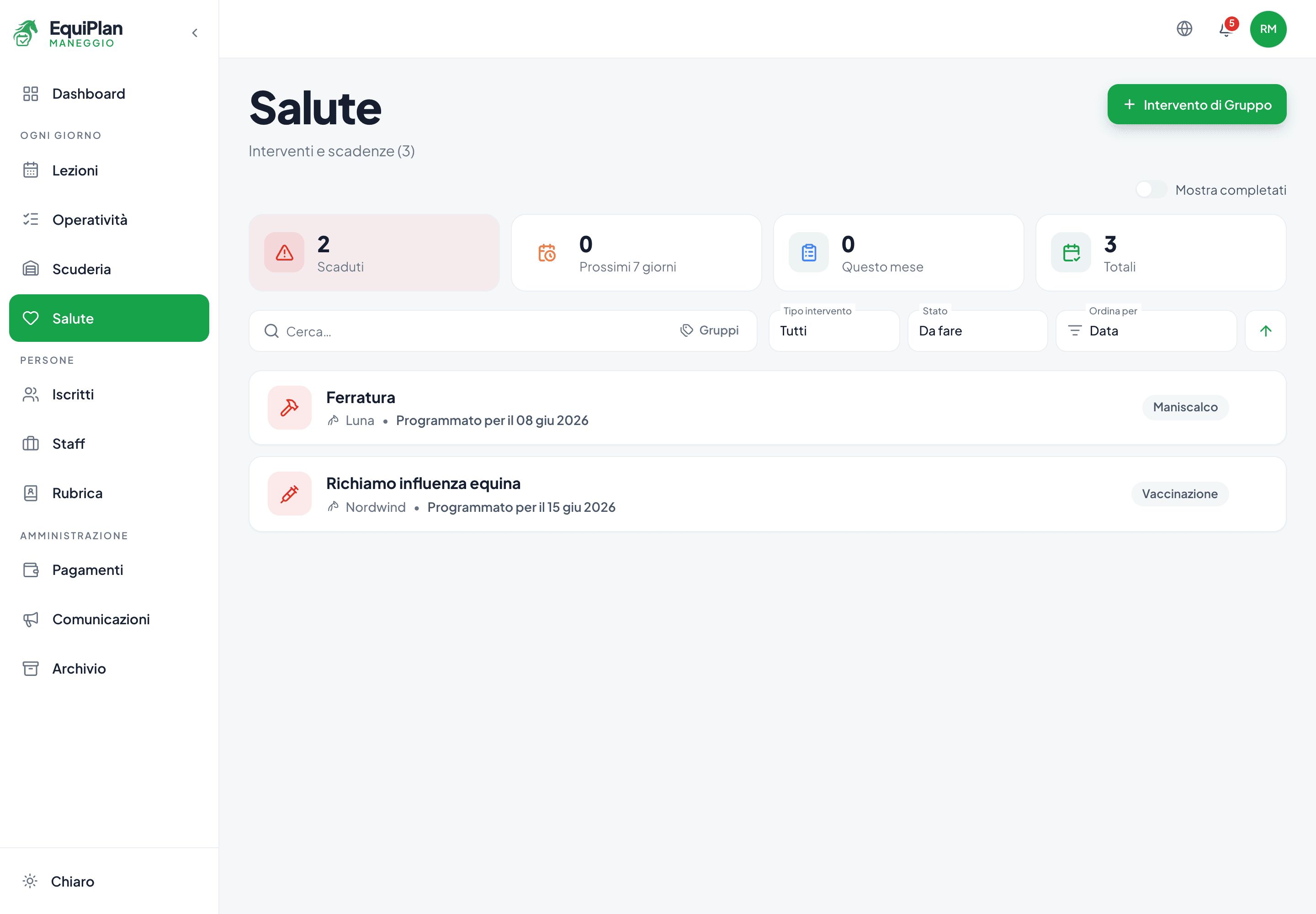 La pagina Salute nel CRM maneggio EquiPlan