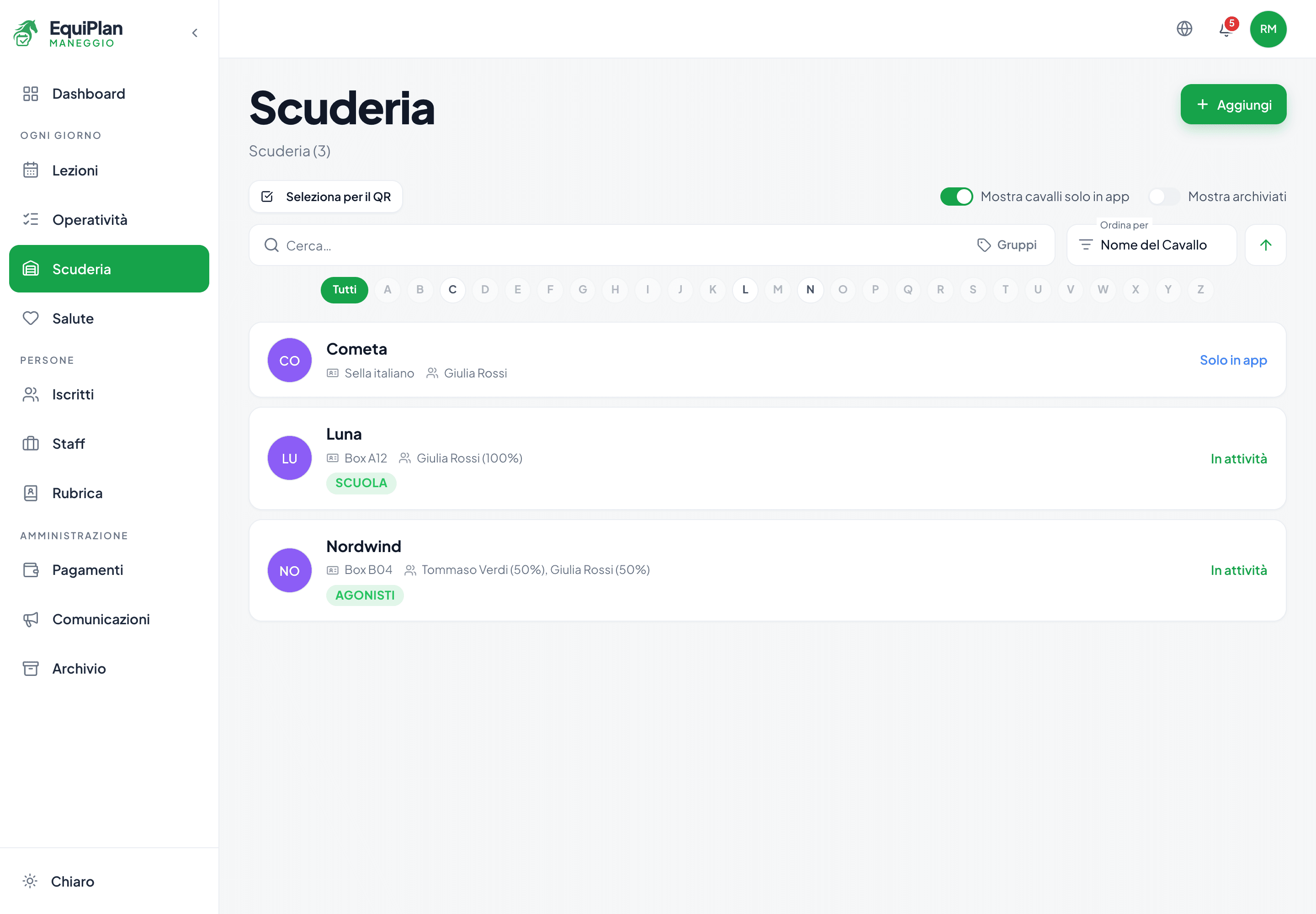 La pagina Scuderia nel CRM maneggio EquiPlan