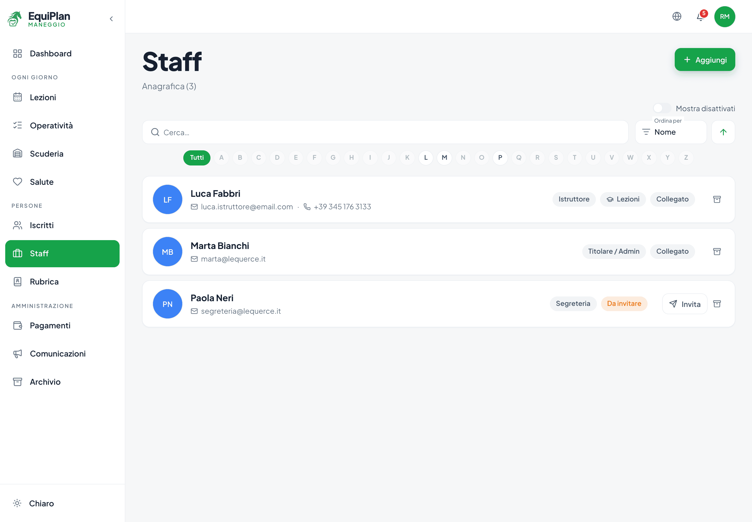 La pagina Staff nel CRM maneggio EquiPlan