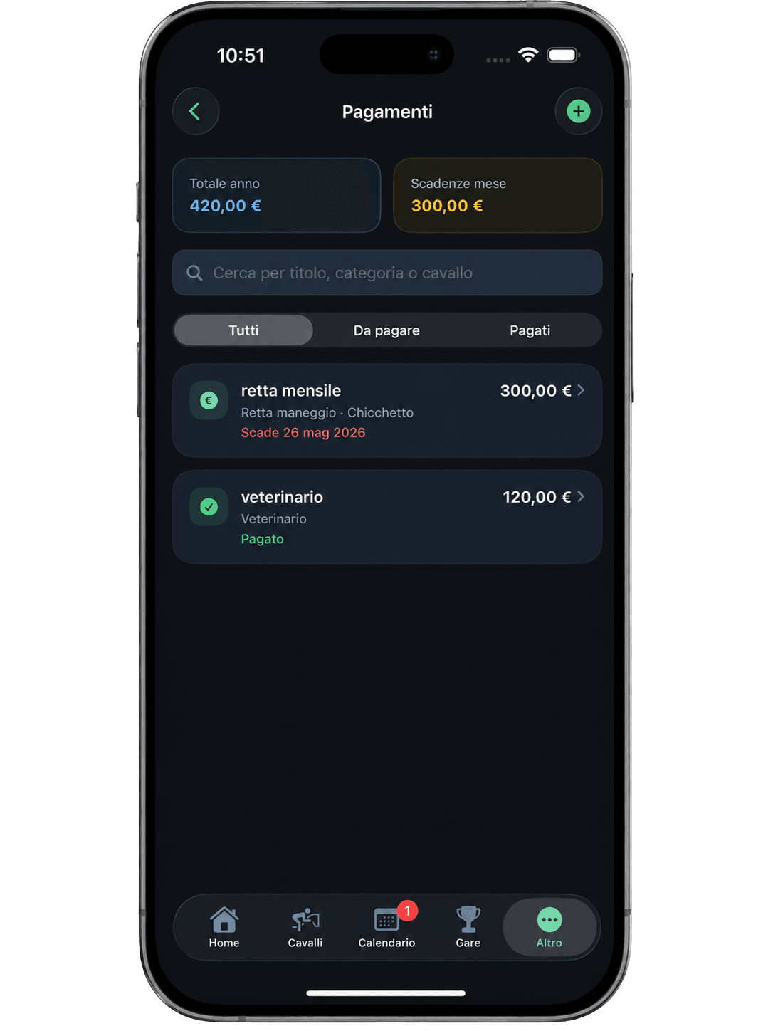 EquiPlan app screen: payments, fees, deadlines and payment history
