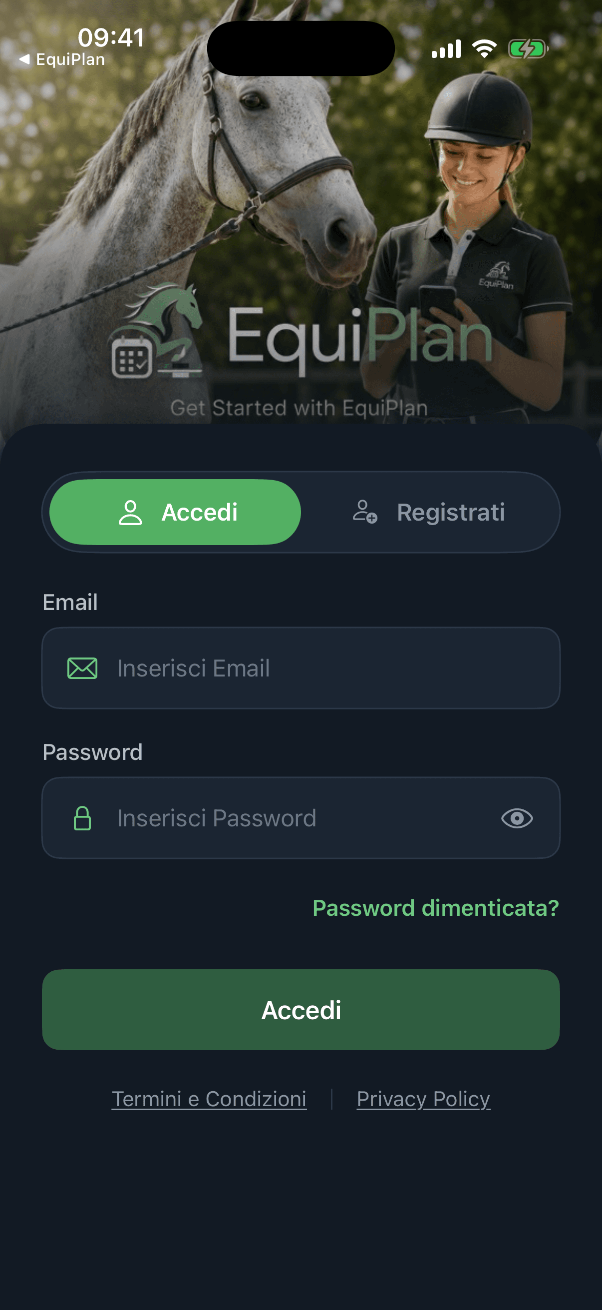 Schermata di accesso dell’app EquiPlan