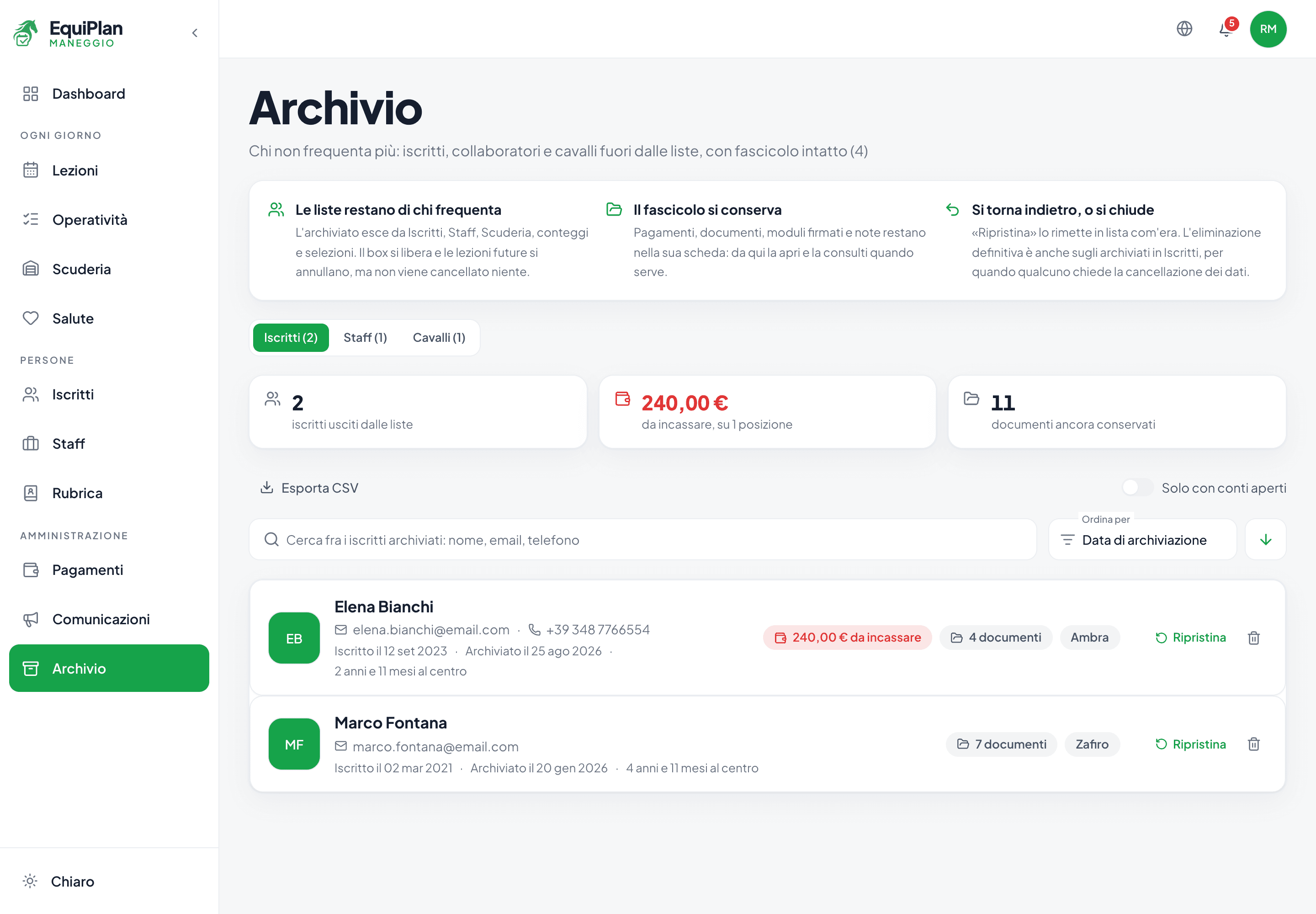 La pagina Archivio nel CRM maneggio EquiPlan