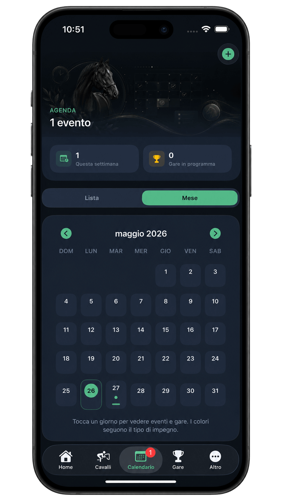 App EquiPlan: agenda con calendario mensile, lezioni e gare