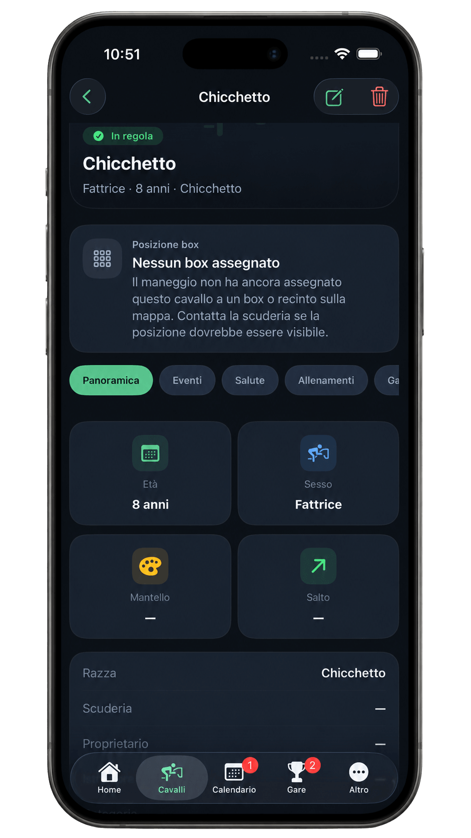 App EquiPlan: scheda cavallo con dati, salute e attività