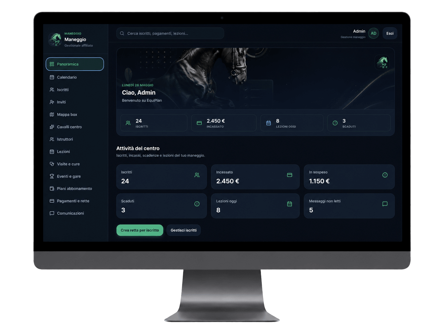 Dashboard EquiPlan per maneggi: panoramica, iscritti, incassi e attività del centro
