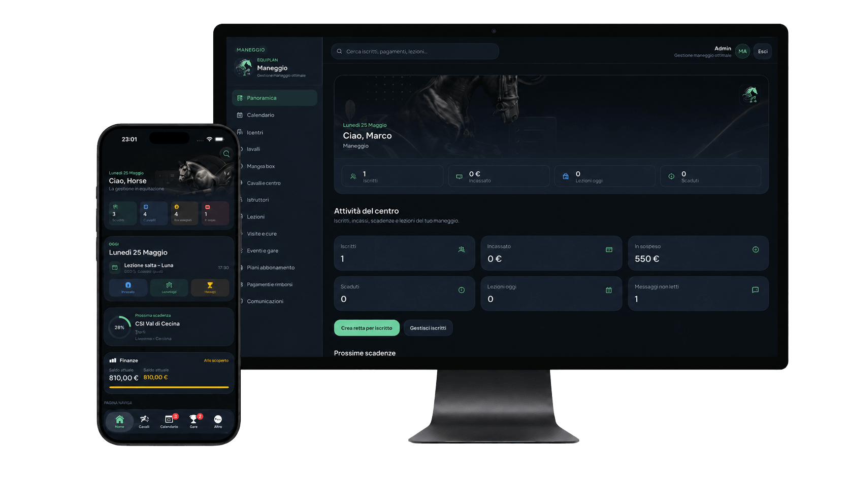 EquiPlan su desktop e smartphone: dashboard maneggio e app mobile
