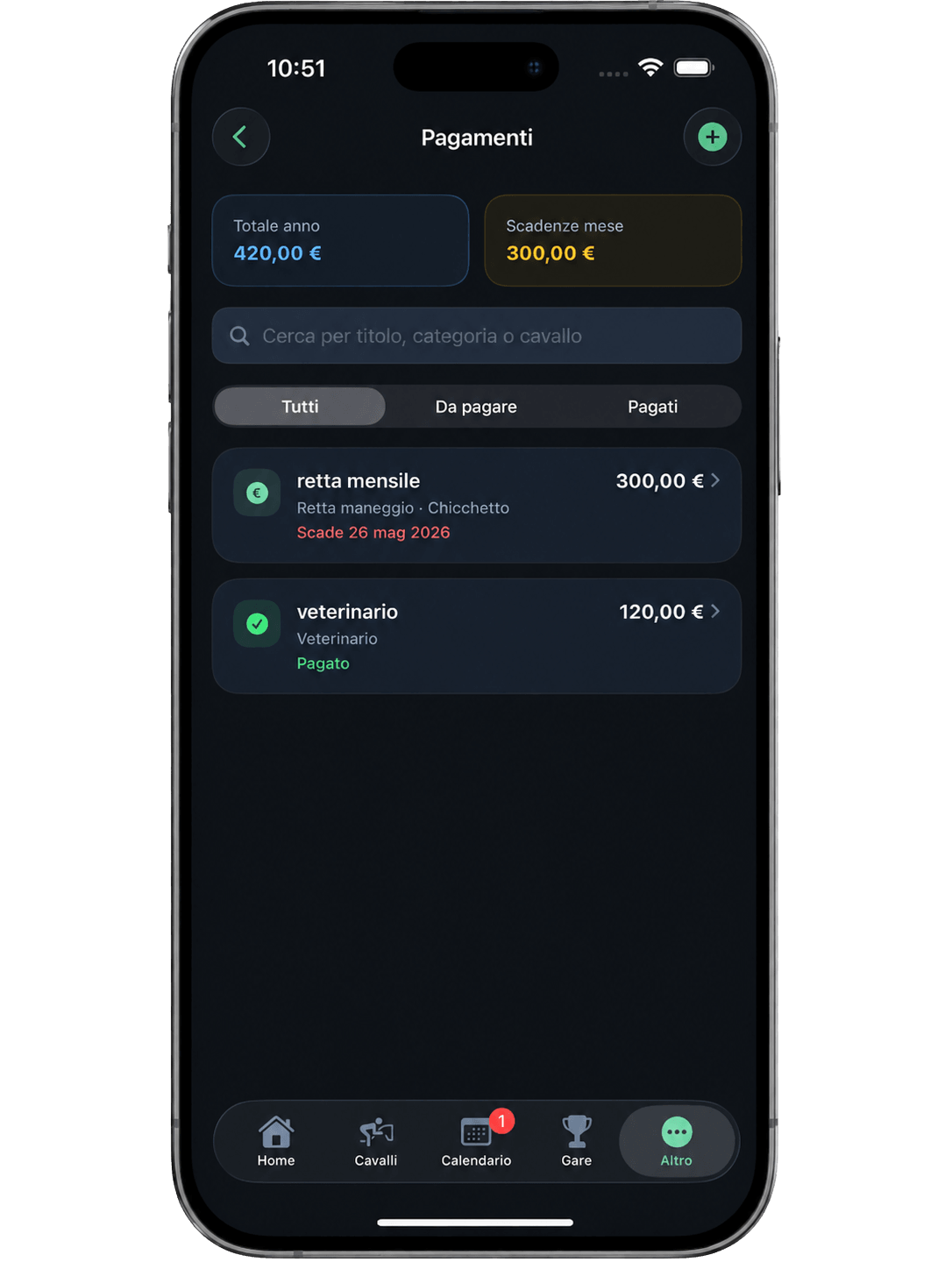Schermata app EquiPlan: pagamenti, rette, scadenze e storico incassi